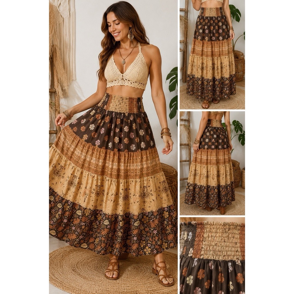 Gardenbelle Shop Bohemian Patchwork Maxi Skirt Festival Hippie Cottagecore Plus